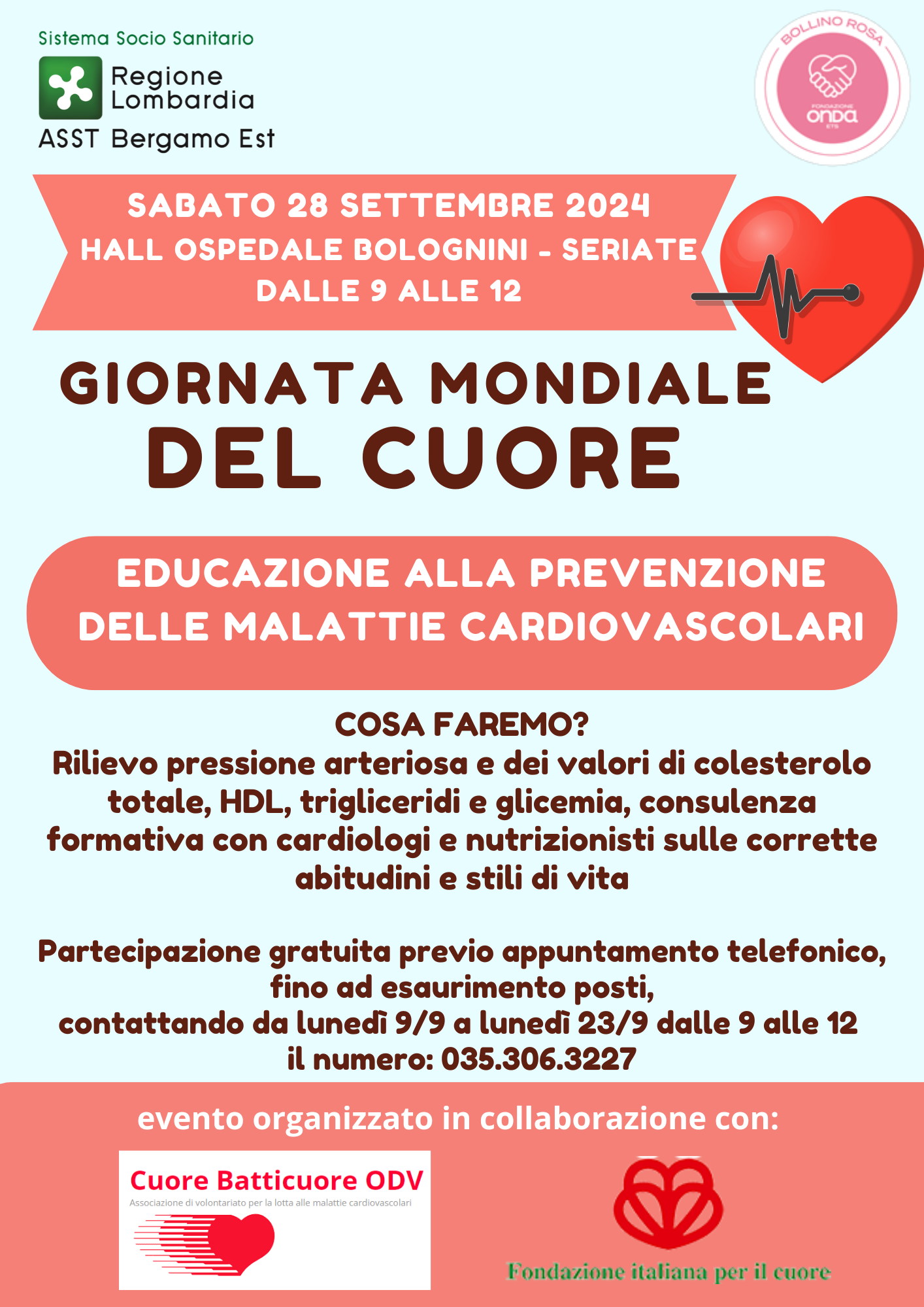 SABATO 28 SETTEMBRE 2024 ALL'OSPEDALE BOLOGNINI SERIATE DALLE 09.00-ALLE 12.00 SU APPUNTAMENTO